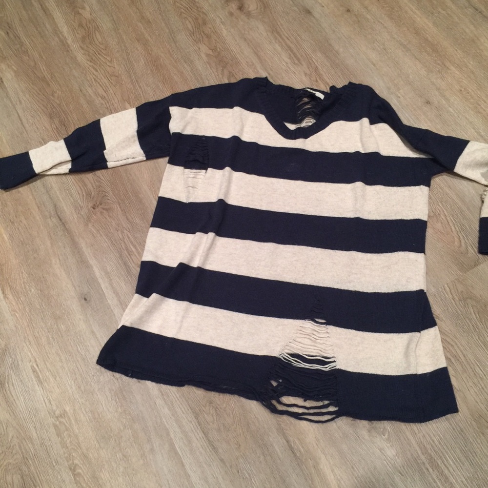 Distressed Destroyed sweater. Navy & cream striped